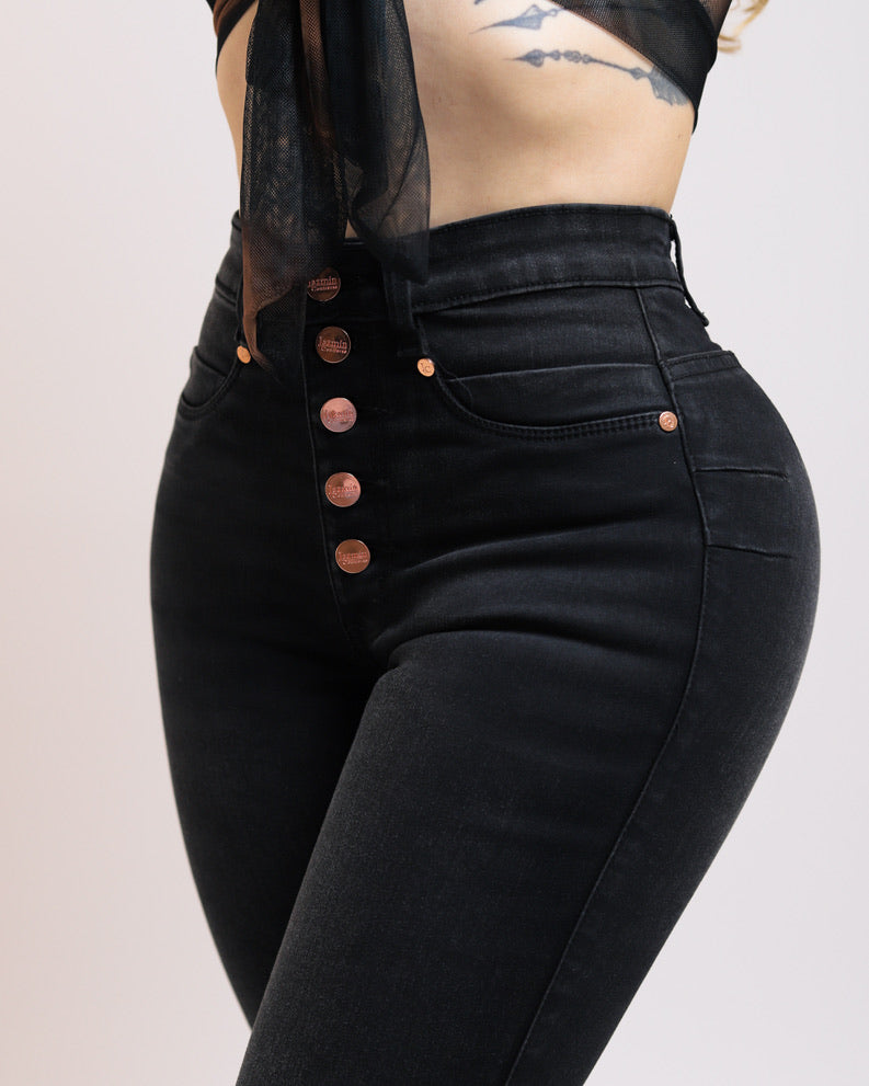 Jeans corte colombiano, 5 botones oro rosa