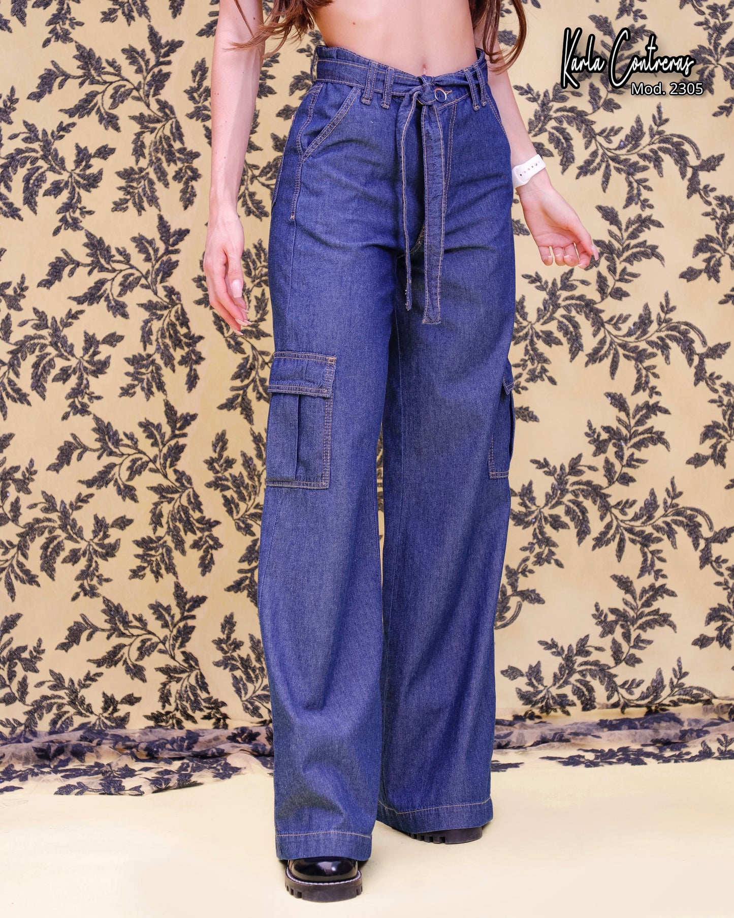 Jeans Wide Leg, cargo, azul oscuro.