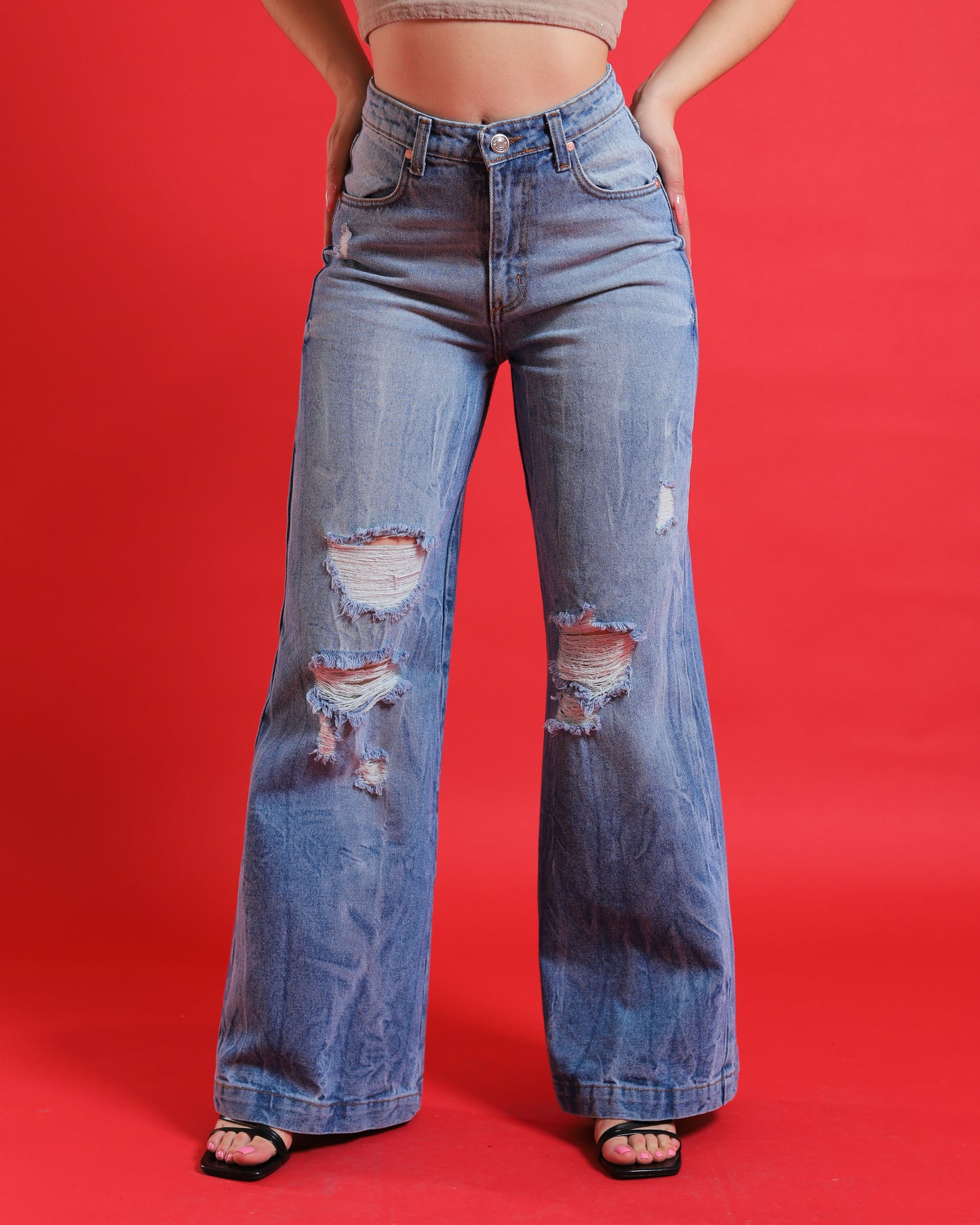 Jeans Wide Leg, mezclilla rigida.