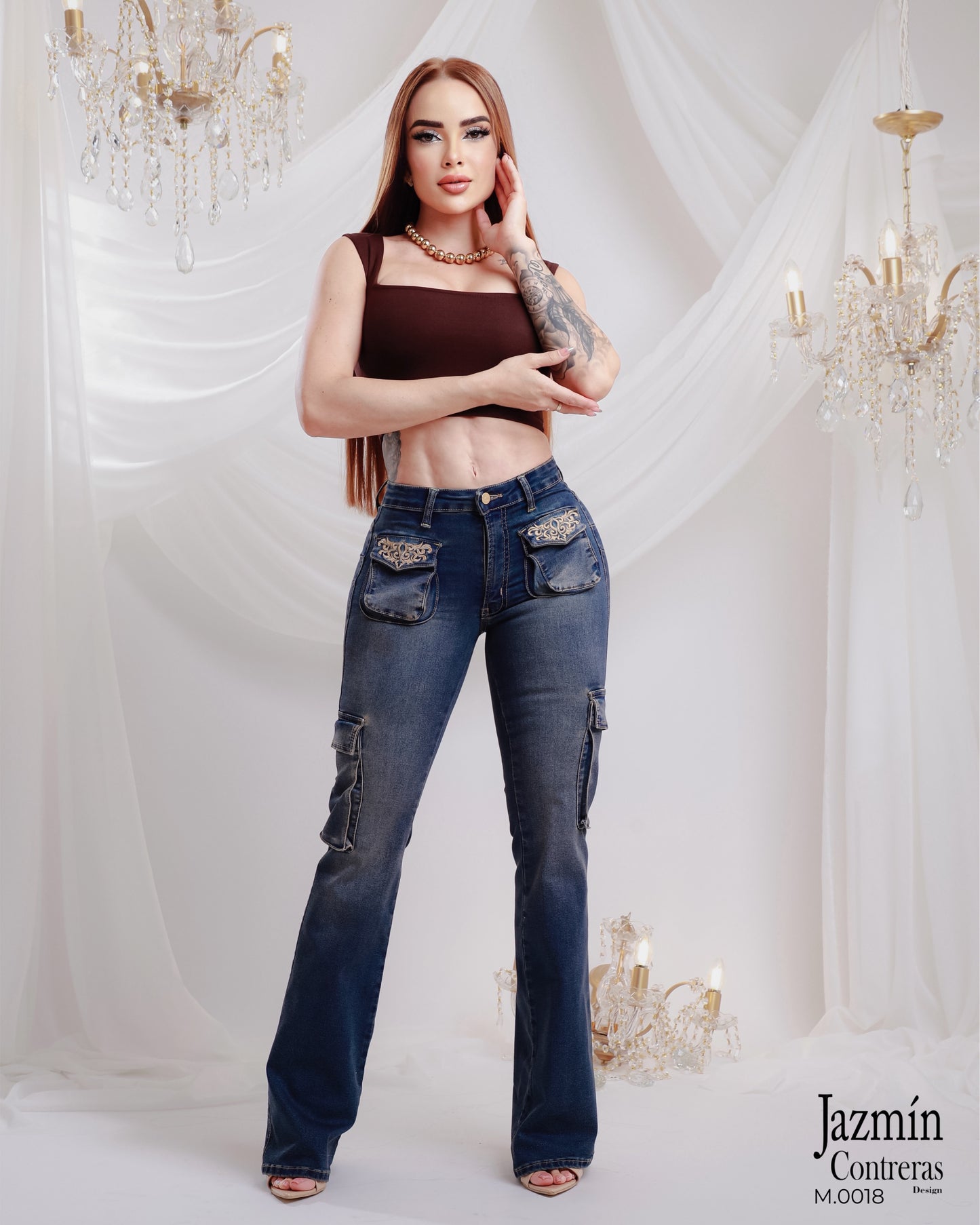 Jeans campana cargo, 1 boton, corte colombiano.
