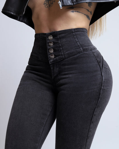 Jeans corte colombiano, negro-gris sin bolsas traseras