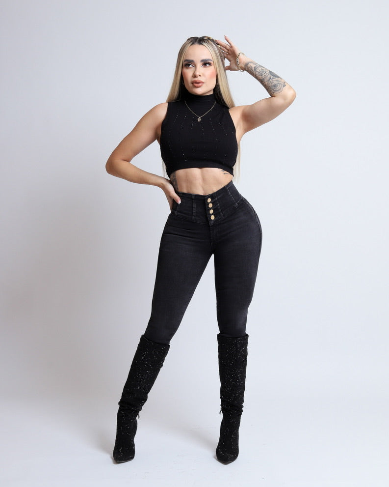 Jeans corte colombiano, pretina ancha, tiro alto