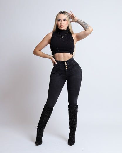 Jeans corte colombiano, pretina ancha, tiro alto