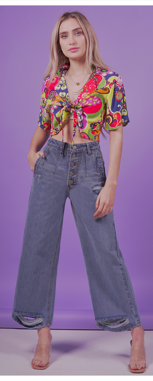Jeans Culotte, son 5 botones, azul.