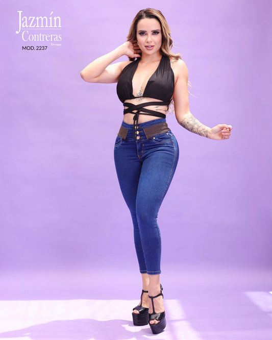 Jeans corte colombiano, azul oscuro, pretina ancha
