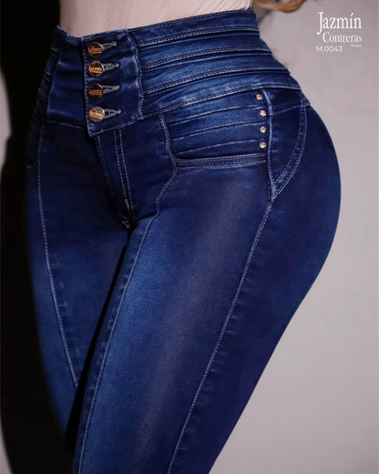 Jeans corte colombiano con cristales, 4 botones.