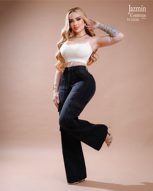 Jeans cargo, 1 botones, color negro-gris