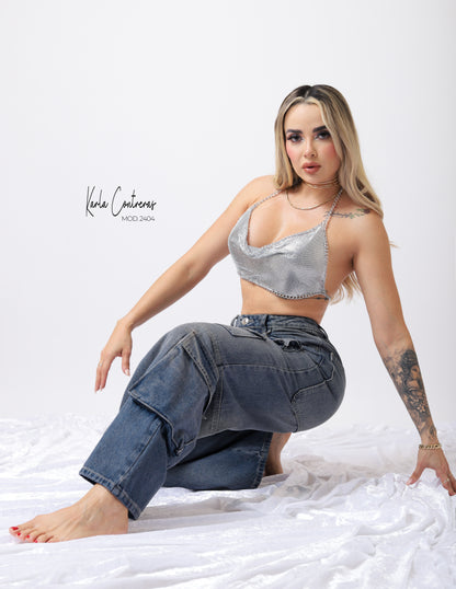 Jeans cargo, corte holgado.