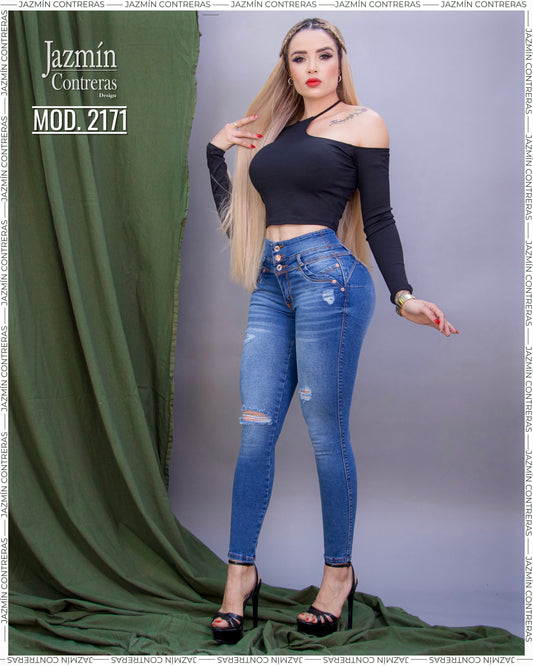Jeans corte colombiano, azul oscuro con roturas
