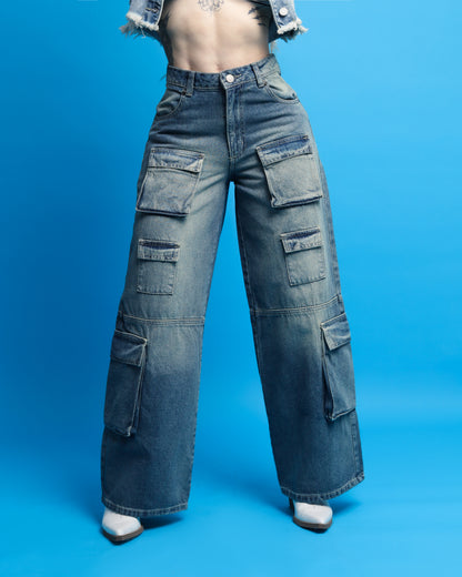 Jeans cargo oversize, 1 boton.
