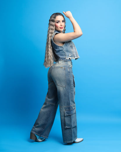 Jeans cargo oversize, 1 boton.