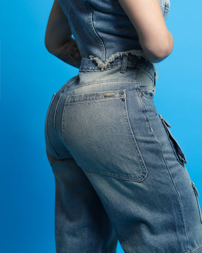 Jeans cargo oversize, 1 boton.