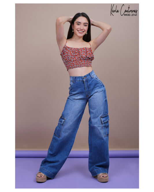 Jeans wide leg azul, cargo.