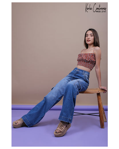 Jeans wide leg azul, cargo.