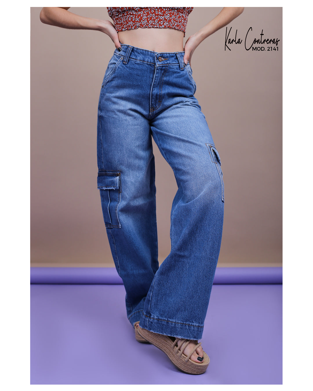 Jeans wide leg azul, cargo.