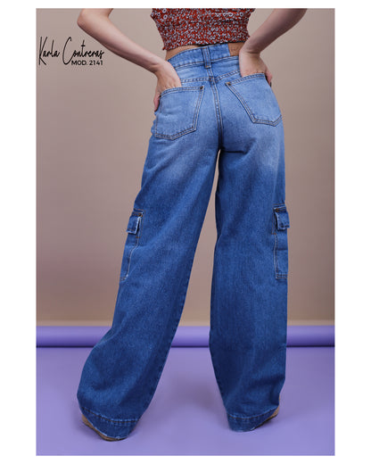 Jeans wide leg azul, cargo.