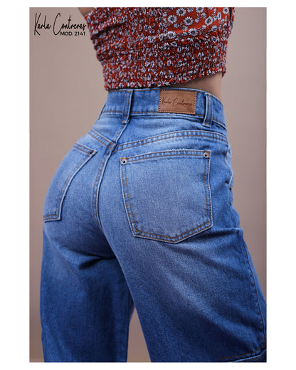 Jeans wide leg azul, cargo.