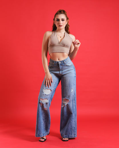 Jeans Wide Leg, mezclilla rigida.