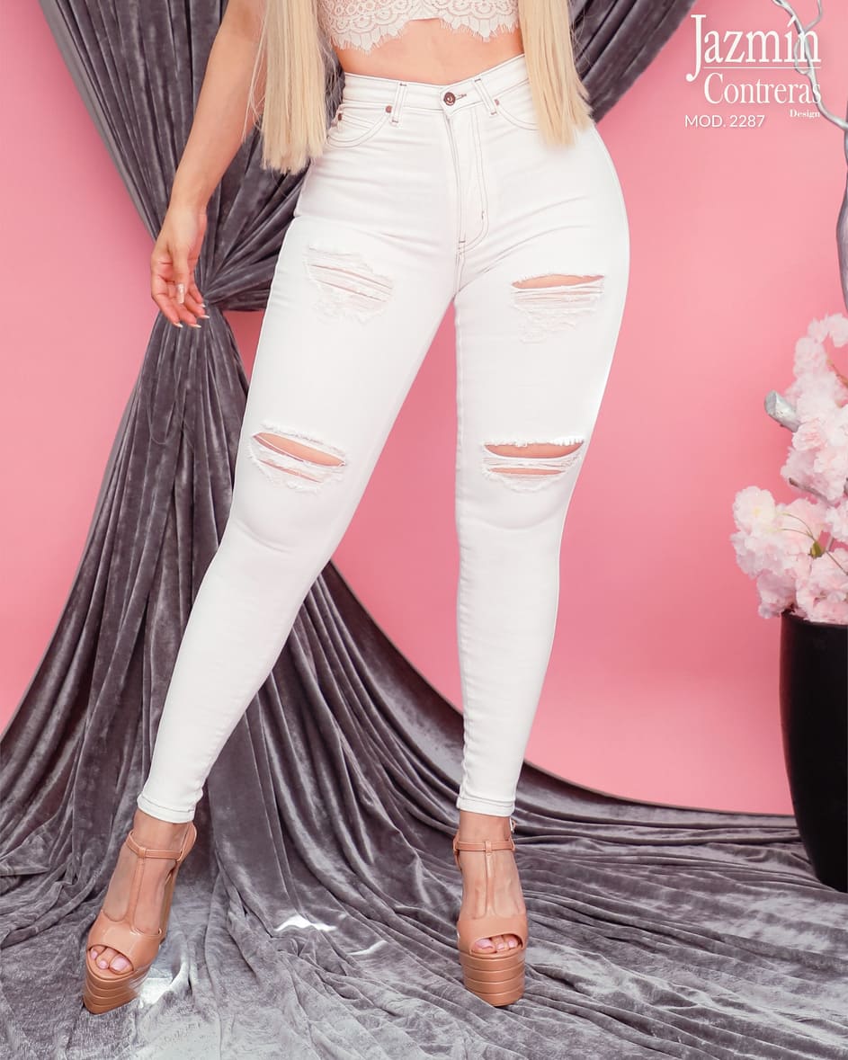Jeans corte colombiano, con roturas, 1 botón