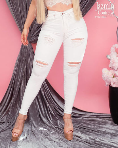 Jeans corte colombiano, con roturas, 1 botón
