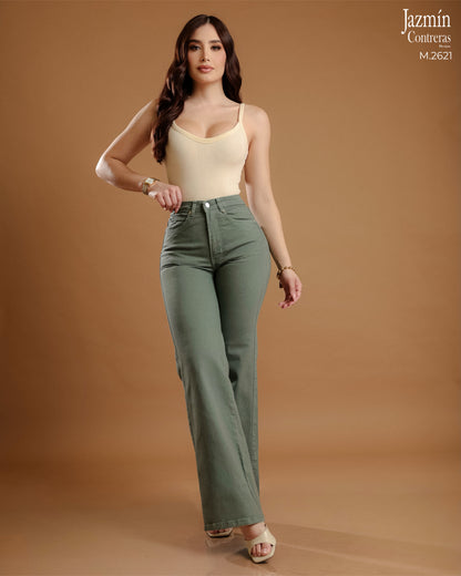 Jeans Wide Leg, verde olivo, horma colombiana.