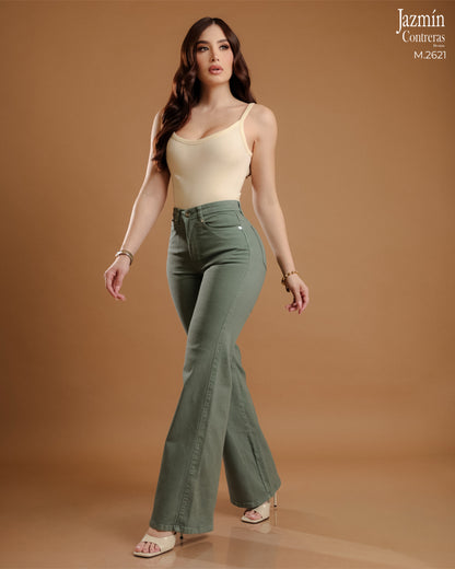 Jeans Wide Leg, verde olivo, horma colombiana.