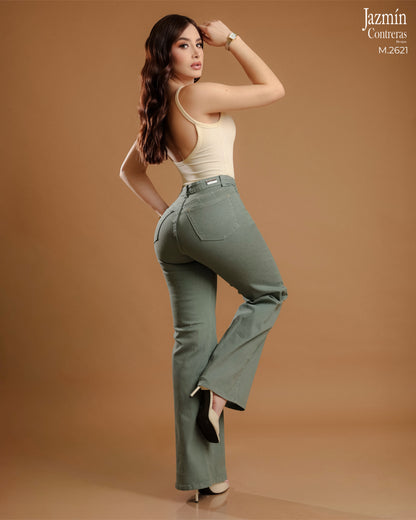 Jeans Wide Leg, verde olivo, horma colombiana.